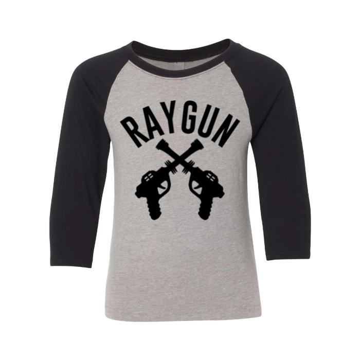 Raygun Double Guns Youth Raglan Black Sleeves/ Dark Heather Grey Body / X-Small